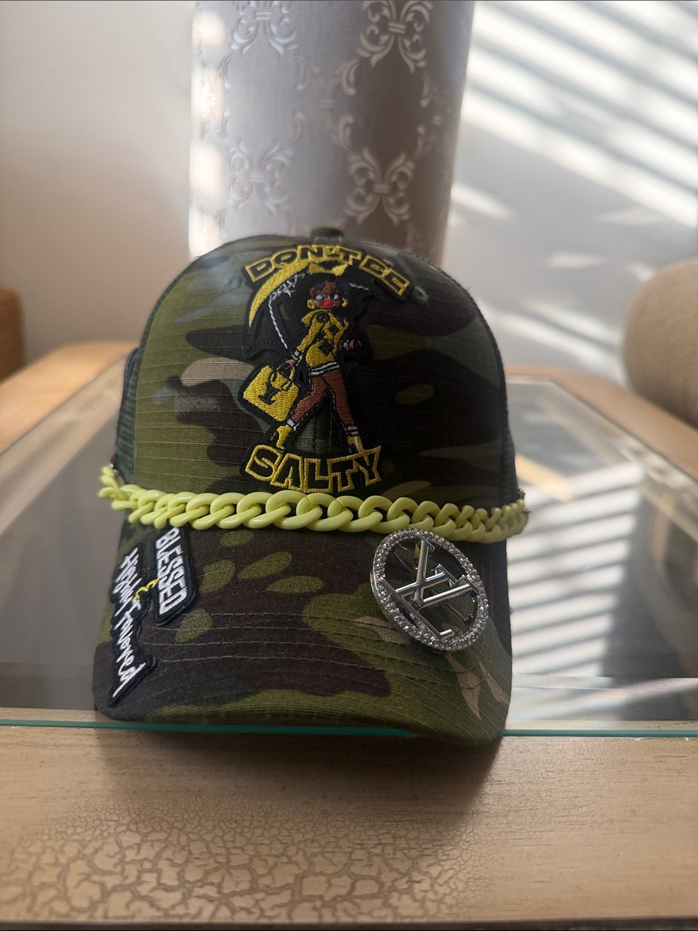 Camo Trucker Hat with Neon Chain and Embroidered Salty Patch